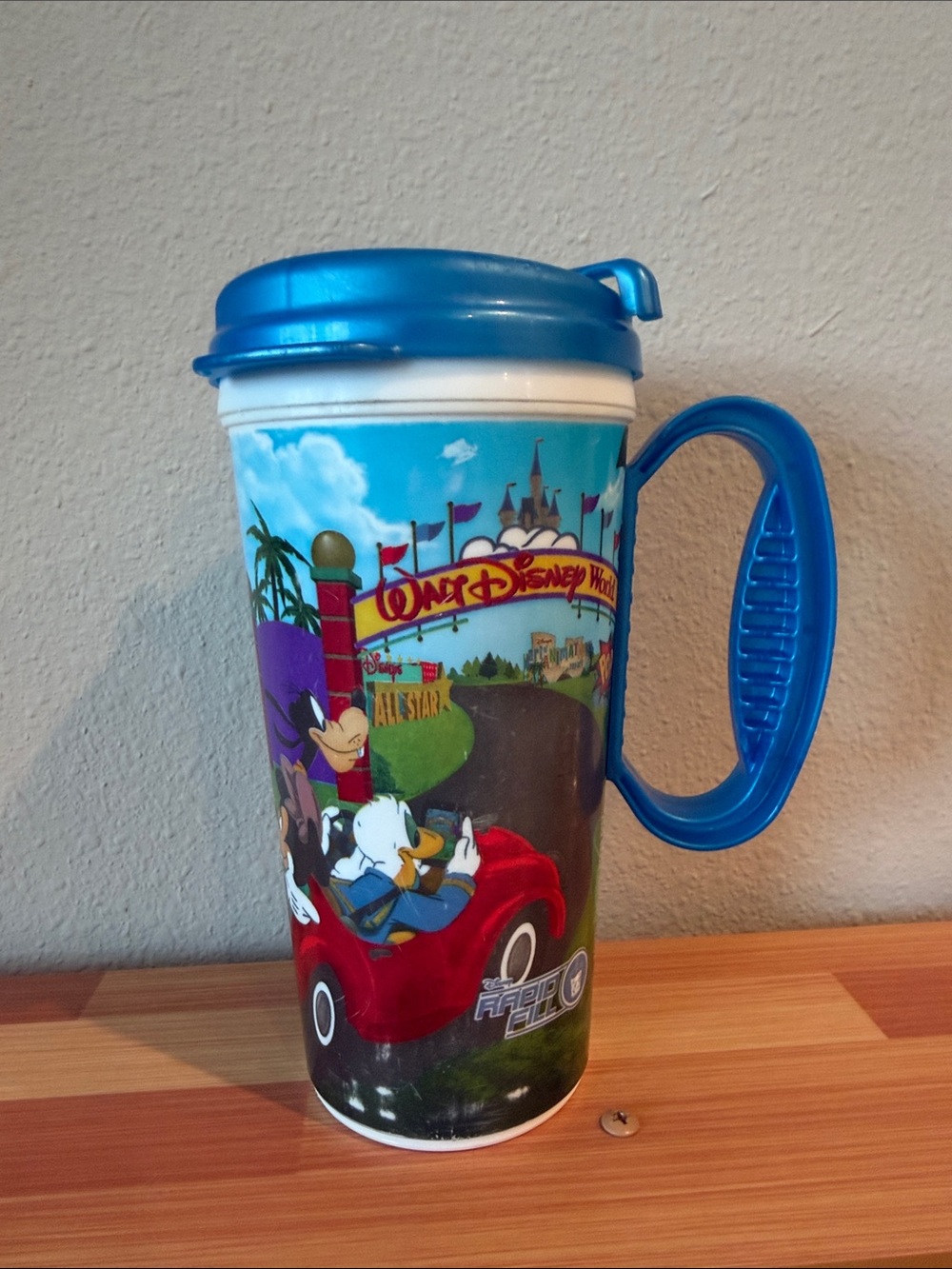 Disney Blue Plastic Travel Mug with Handle - Mickey & Donald Design